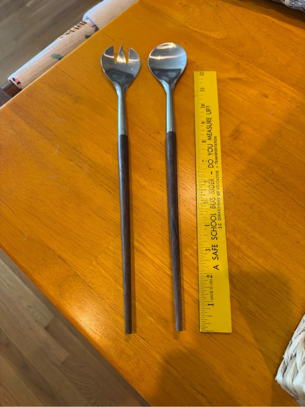 Vintage Mid Century Modern Stainless & Wood Salad Servers Set – approx 14”
